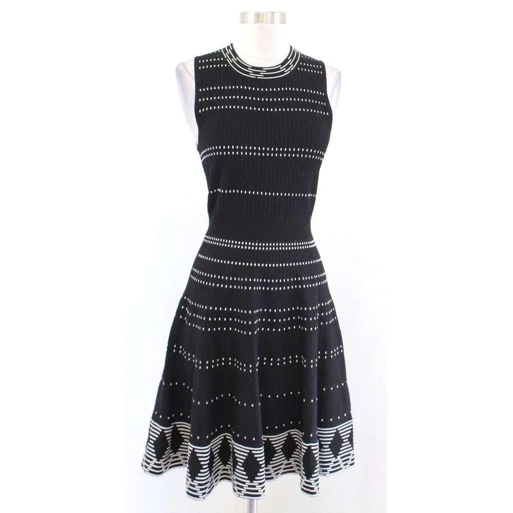 Kate Spade Black White Geometric Knit Fit and‎ Flare Dress Size S